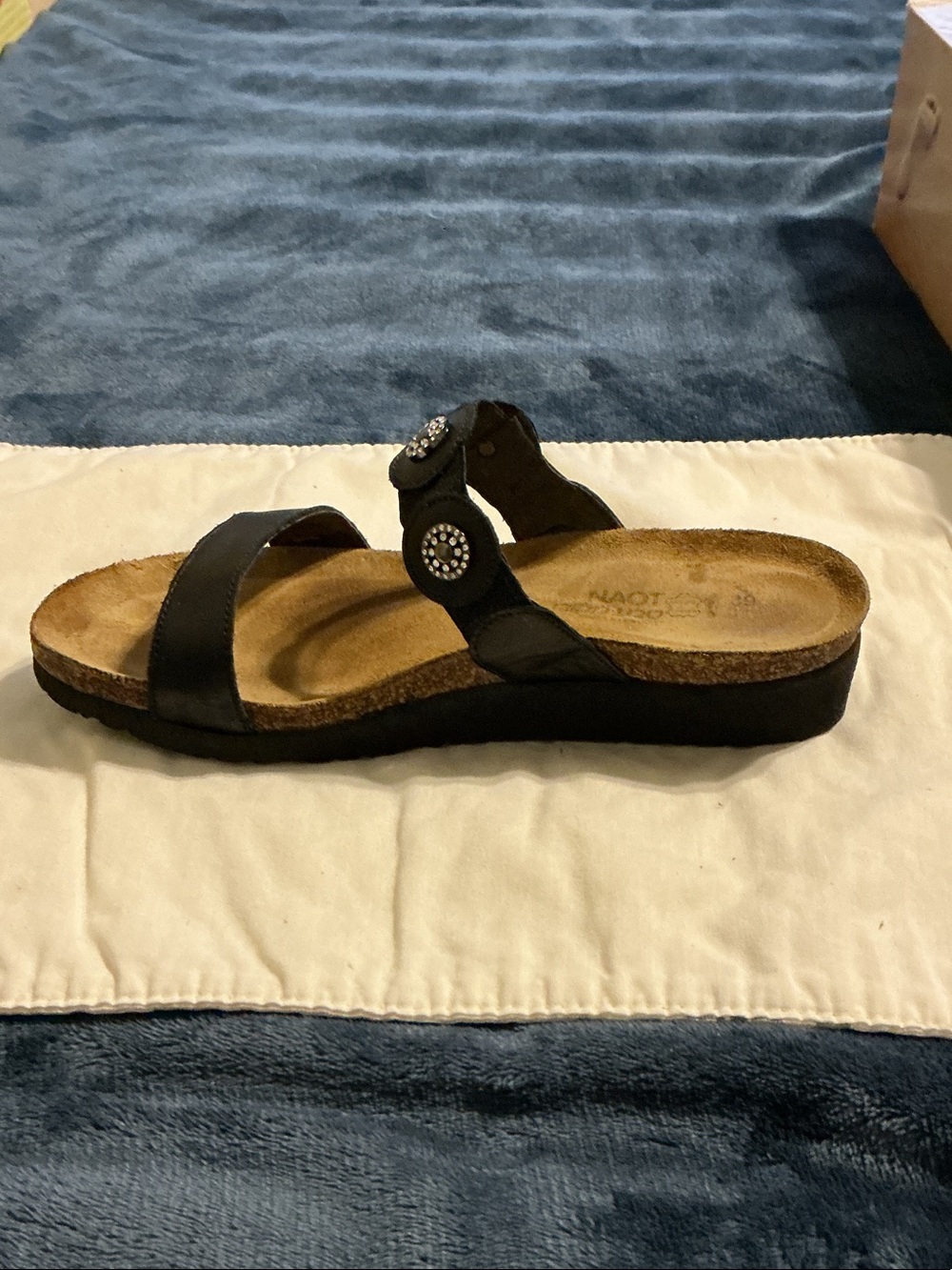 Naot Black Leather Two-Strap Slide Sandal with Decorative Stud Accents